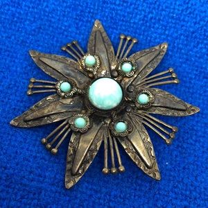 Vintage brass pin Turquoise/ blue cabochons